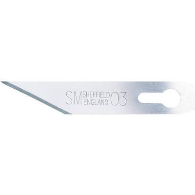 'SM Sheffield England 03' ist auf einer glänzenden Klinge graviert. Links ist die Klinge spitz zulaufend, rechts ein ovales Loch.