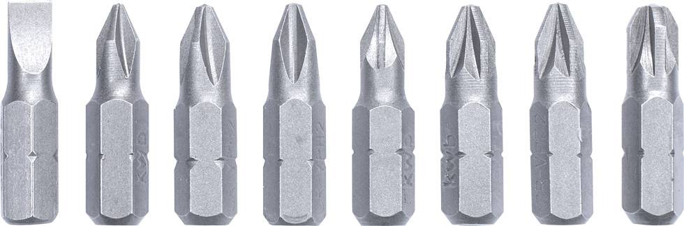 Neun verschiedene Schraubendreherbits in einer Reihe, einschließlich Kreuz- und Schlitzbits, aus silbernem Metall.