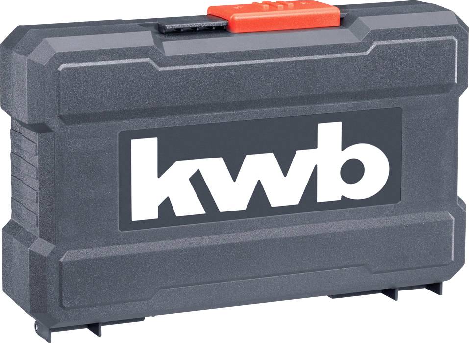 Schwarzer Werkzeugkoffer mit rotem Verschluss und weißem 'kwb'-Logo auf der Vorderseite.