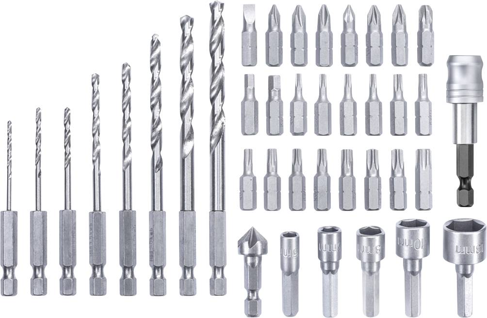 'Metallbohrer- und Schrauberbit-Set, bestehend aus diversen Bohrern und Bits. Verschiedene Größen und Formen, silberne Farbe.'
