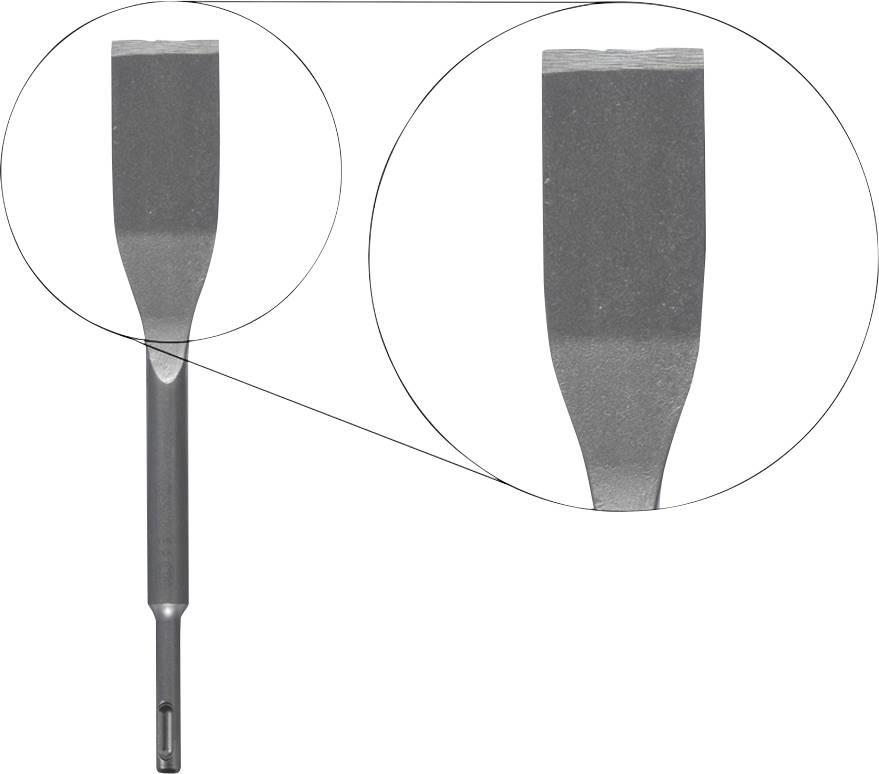Ein Meißel mit einem metallischen Schaft und einer breiten flachen Spitze. Detaillierte Nahaufnahme der Spitze im vergrößerten Kreis.