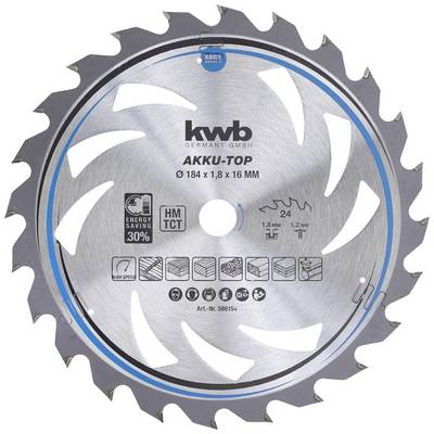 'Sägeblatt Akku-Top von KWB, Durchmesser 184 mm, 24 Zähne, Energieersparnis 30 %, geeignet für Holz, Kunststoff und Aluminium.'