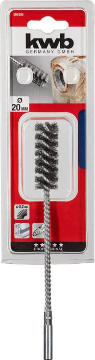 Reinigungsbürste mit Metallborsten auf einer Verpackung, geeignet zum Reinigen von Rohren mit einem Durchmesser von 20 mm.