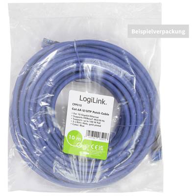 Blaues Netzwerkkabel, 10 Meter, Cat. 6A U/UTP, aufgerollt, in durchsichtiger Verpackung mit LogiLink-Logo und Etikett für technische Spezifikationen.