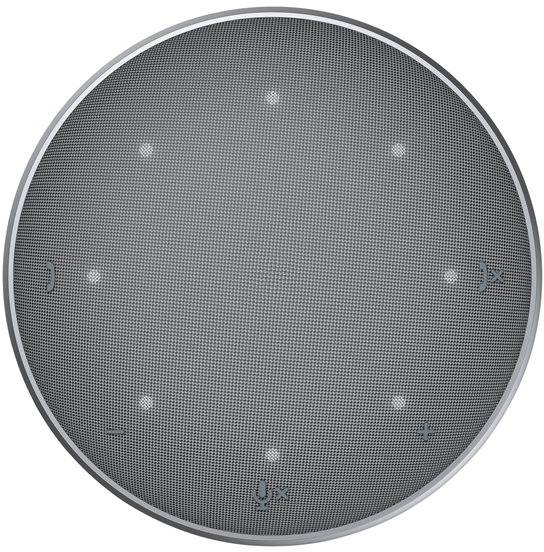 Rundes, graues Gerät mit mehreren kleinen Lichtern auf der Oberfläche, möglicherweise ein Lautsprecher oder Mikrofon.