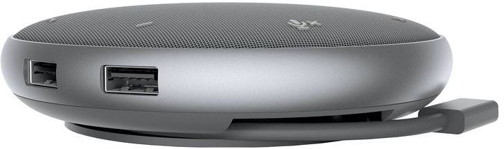 Ein grauer, runder USB-C-Hub mit zwei USB-Anschlüssen und einem integrierten Kabel. Geeignet zum Anschluss mehrerer Geräte.