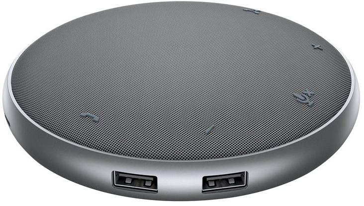 Ein runder, flacher Konferenzlautsprecher mit Lautstärkereglern und mehreren USB-Anschlüssen an den Seiten zur Verbindung von Geräten.