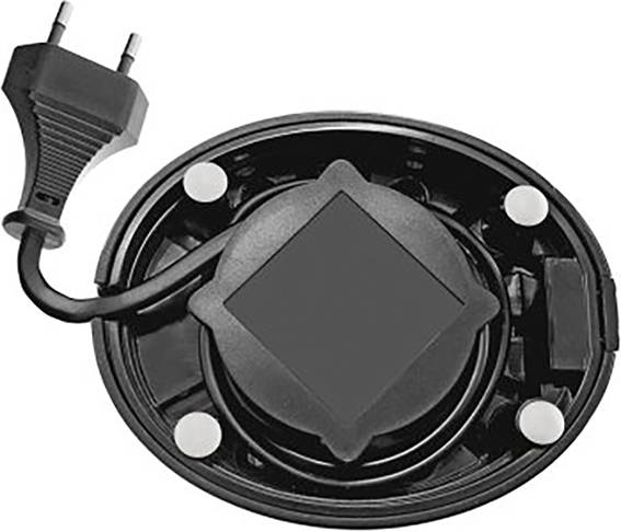 Ein schwarzer elektrischer Sockel mit Kabel und Stecker. Wahrscheinlich ein Basisgerät für Küchengeräte wie Wasserkocher.