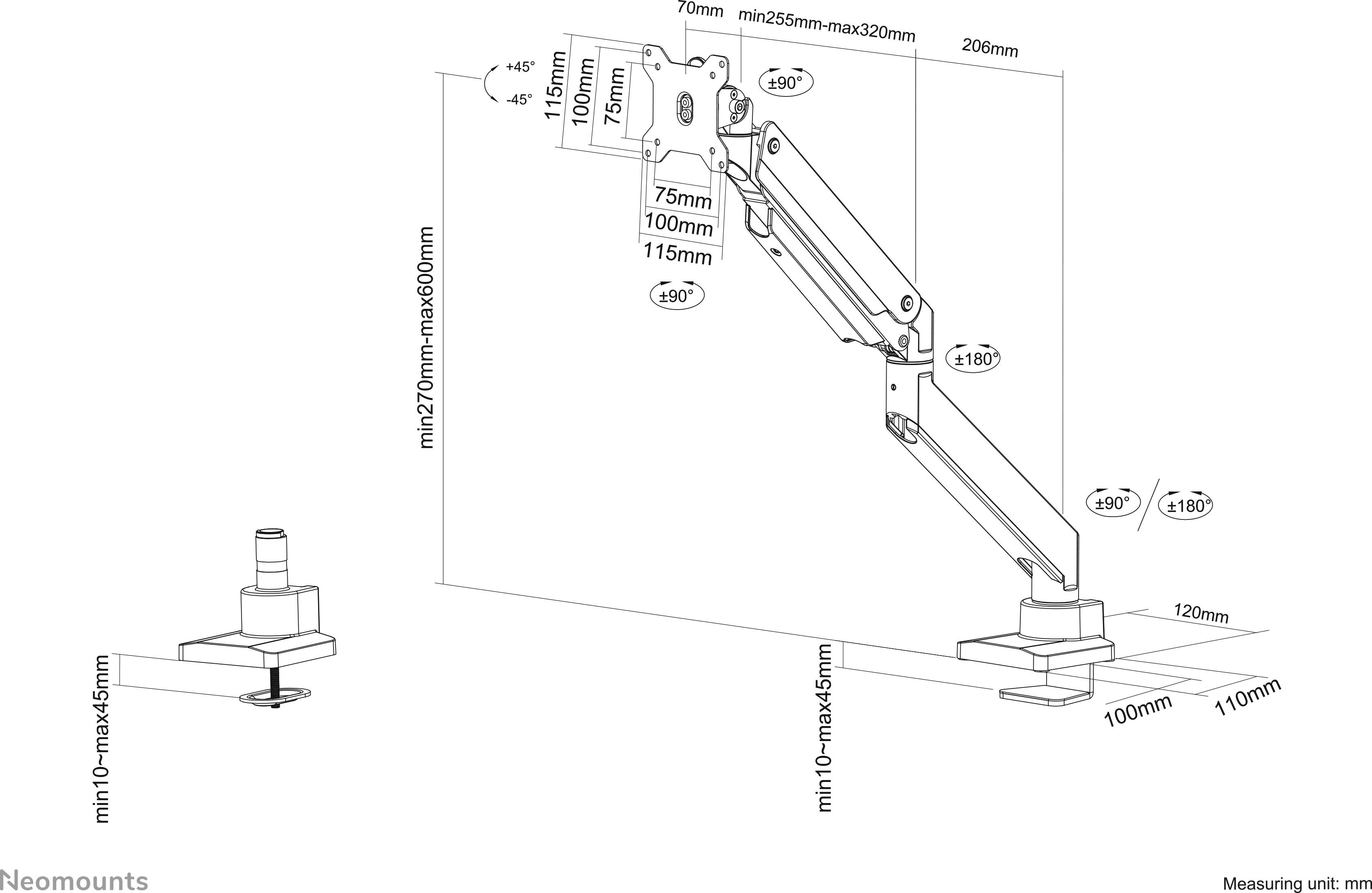 'Zeichnung eines Bildschirm-Arms mit Maßen: Höhe 270-590 mm, Reichweite 255-600 mm. Drehbereich 180°, Neigung +90°/-45°.'