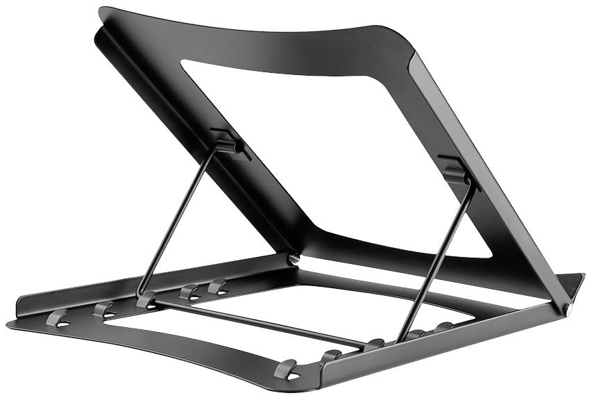 Ein schwarzer, verstellbarer Laptop-Ständer mit belüftetem Design zur Verbesserung der Luftzirkulation und Ergonomie.