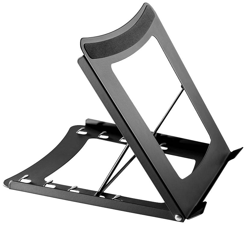 Laptopständer aus schwarzem Metall mit verstellbarer Halterung für verschiedene Höhen und Neigungswinkel.