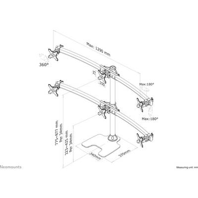 'Technische Zeichnung eines Monitorständers mit vier schwenkbaren Armen. Maximale Breite: 1290 mm. Kompatible VESA-Größen: 75x75, 100x100 mm.'