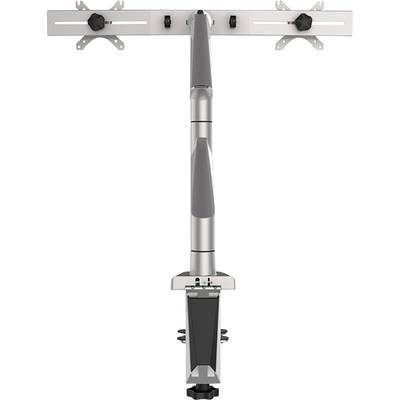 Metallischer Monitorarm mit zwei Halterungen für Bildschirme, zentraler Gelenkarm zur Positionierung, geeignet für Schreibtische.