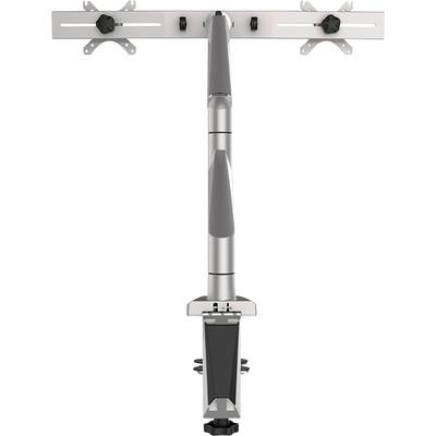 Doppelter Monitorarm aus Metall für Schreibtische, mit verstellbaren Befestigungen, ideal zur Optimierung des Arbeitsplatzes.