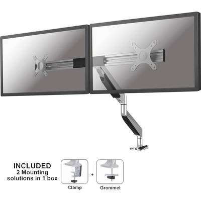 Zwei Monitore an einem flexiblen, höhenverstellbaren Armhalter mit Klemmen- und Durchtischbefestigung, Boxtext: 'INCLUDED 2 Mounting solutions in 1 box'.