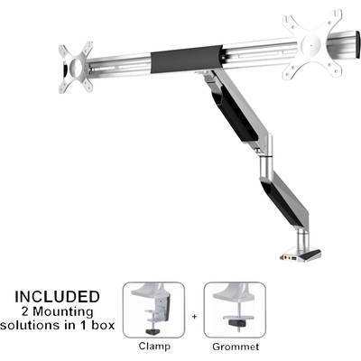 Doppelter Monitorarm in Silber mit flexiblem Gelenk und zwei Montageoptionen: Klemme und Tülle.