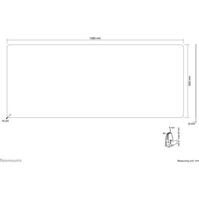 Zeichnung eines rechteckigen Tisches. Maße: 1580 mm Länge, 650 mm Breite, 6 mm Dicke. Eckenradius 25 mm. Detailansicht einer Befestigung.