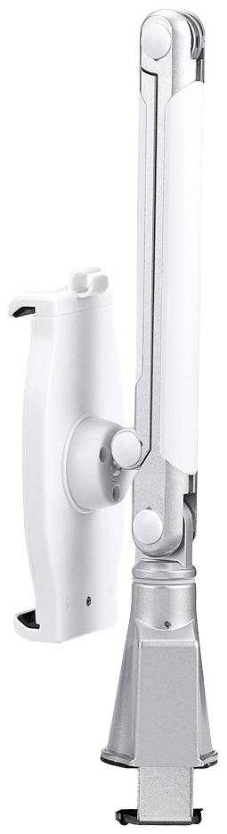 Silberner, schwenkbarer Arm zur Befestigung eines Geräts an der Wand. Geeignet für Displays oder Monitore zur flexiblen Positionierung.