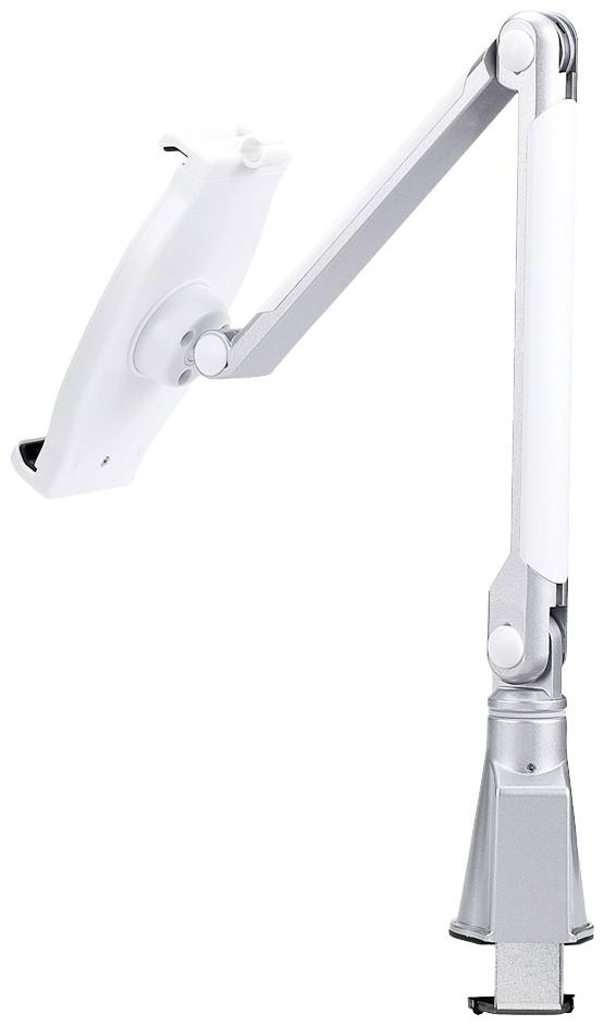 Ein weißer, verstellbarer Monitorarm mit silbernem metallischem Design, der an einem Tisch befestigt ist.