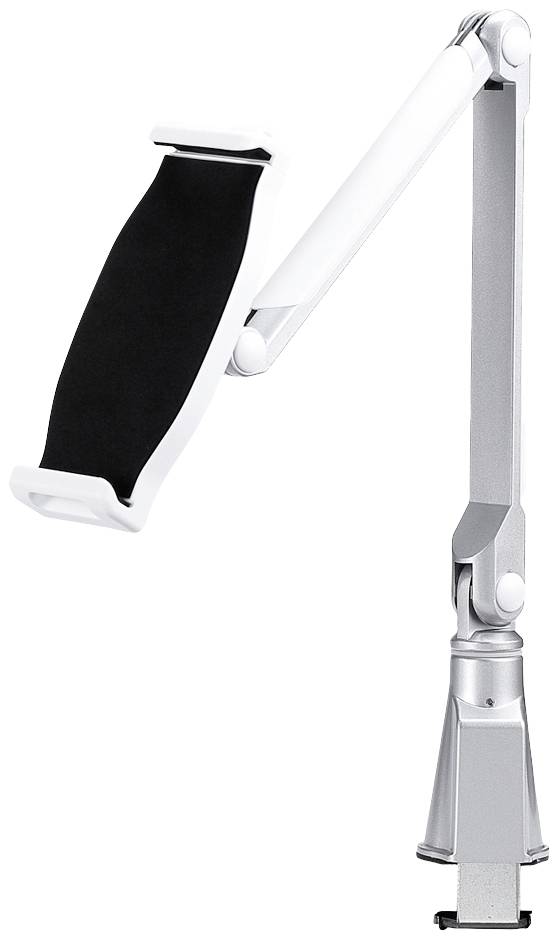 Ein weißer und schwarzer ergonomischer Monitorarm, der flexibel anpassbar ist, ermöglicht die Einstellung von Bildschirmhöhe und -winkel.