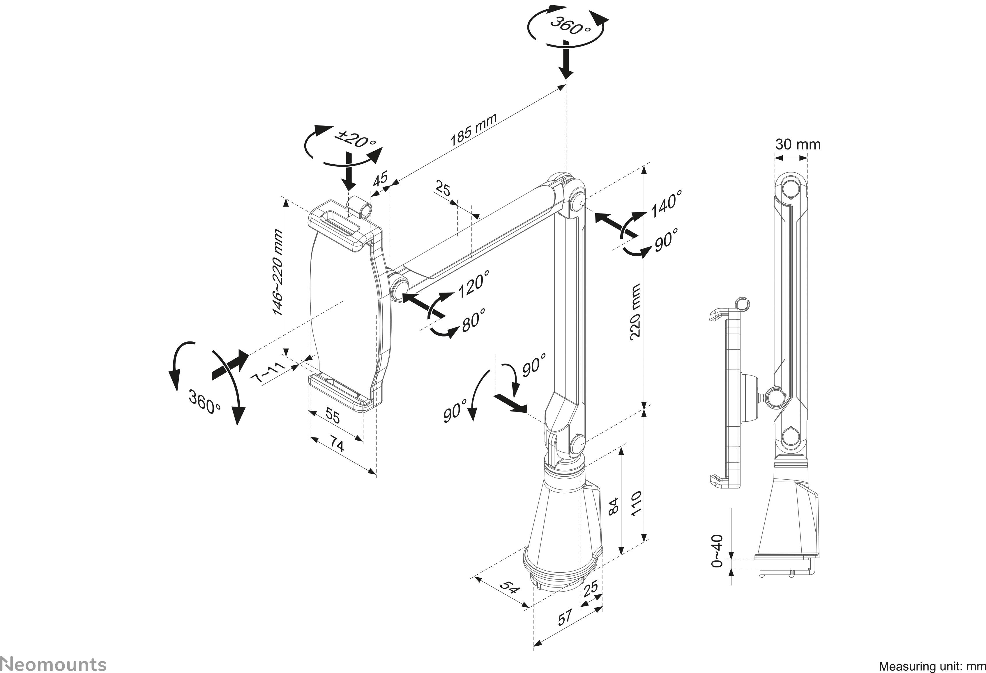 Montagezeichnung eines Monitorarms mit Bewegungsreichweite und Abmessungen. Details zeigen Drehwinkel, Höhenverstellung und Abstand.