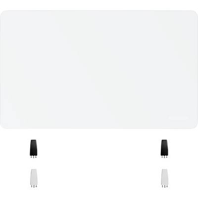 Weiße, rechteckige Wandtafel mit zwei schwarzen, an der Unterseite befestigten Ständern mit verstellbaren Schrauben.