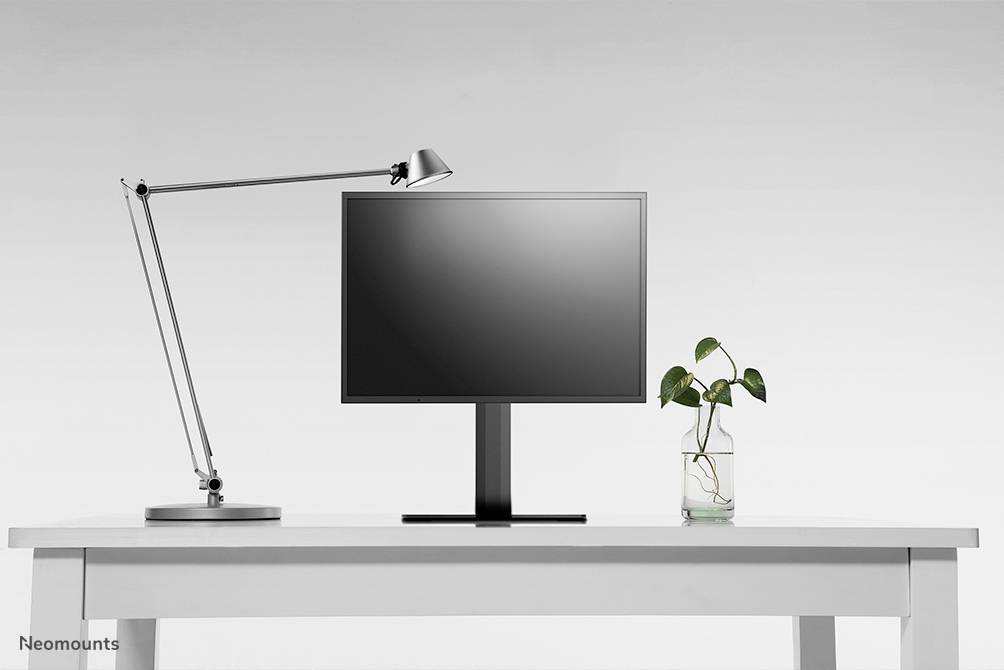 Ein Schreibtisch mit einem Computerbildschirm in der Mitte, einer modernen Schreibtischlampe links und einer Pflanze in einem Glasgefäß rechts.