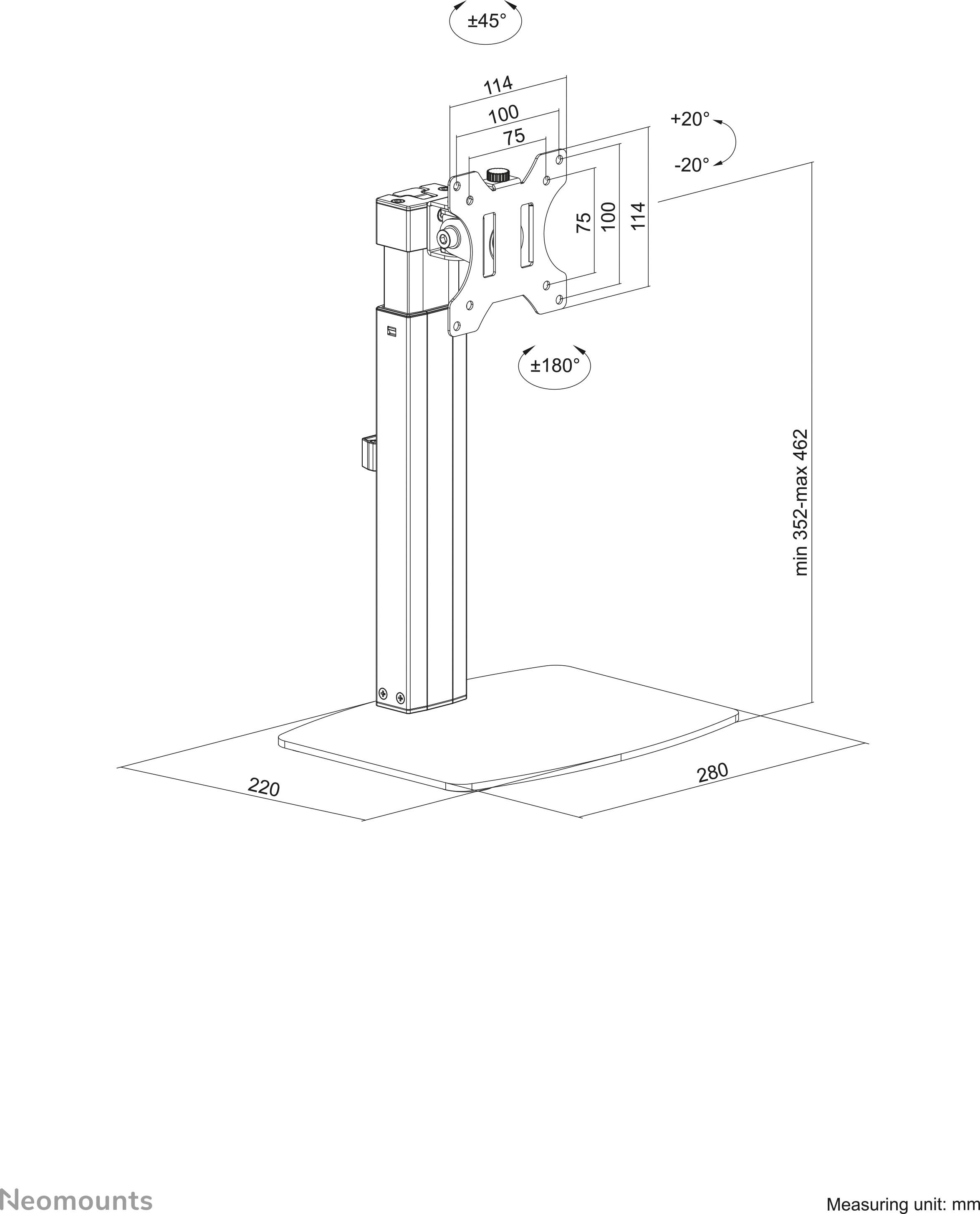 'Technische Zeichnung eines verstellbaren Monitorständers mit Maßen in Millimetern, inkl. Neigungs- und Drehungswinkelangaben.'