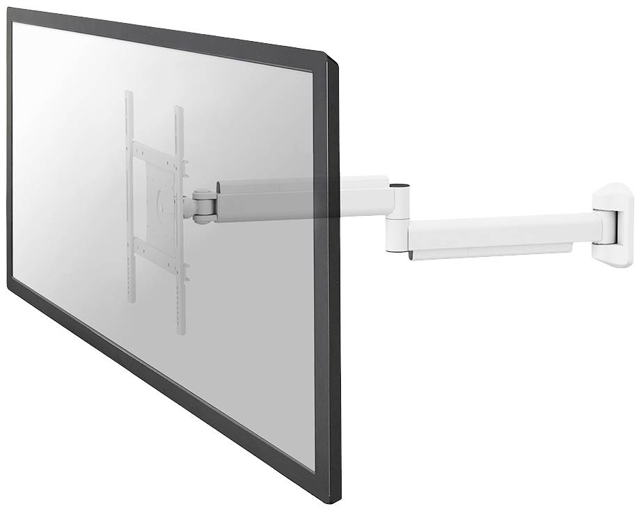 Flacher Bildschirm an einem weißen, verstellbaren Wandarm montiert, zeigt eine flexible Halterungslösung für Monitore.