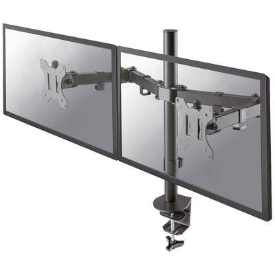 Zwei nebeneinander montierte Computermonitore auf einem verstellbaren Halterungsarm, befestigt an einem Tisch durch eine Klemme.