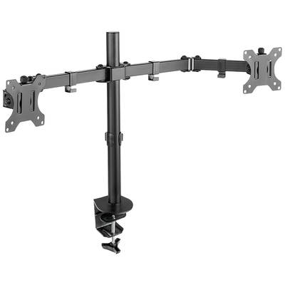 Dual-Monitor-Halterung aus schwarzem Metall mit verstellbaren Armen und Tischklemme zur Befestigung. Ideal für ergonomische Bildschirmaufstellung.
