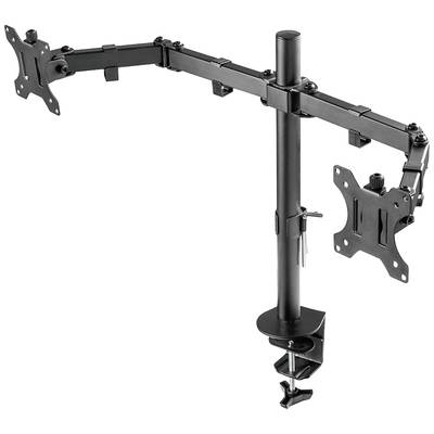 Doppelte Monitorhalterung aus schwarzem Metall, mit verstellbaren Armen und Klemme zur Befestigung an Schreibtischkanten. Geeignet für zwei Monitore.