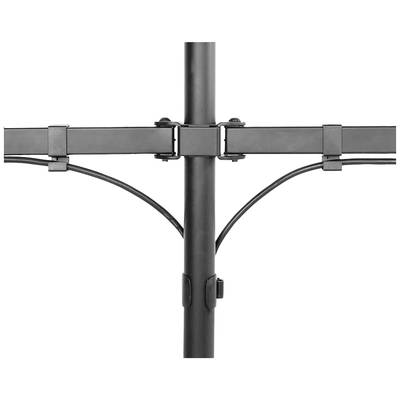 Schwarze Metallhalterung mit Kabelmanagementsystem, an der zwei horizontale Stangen befestigt sind. Geeignet für Bildschirmaufstellung.