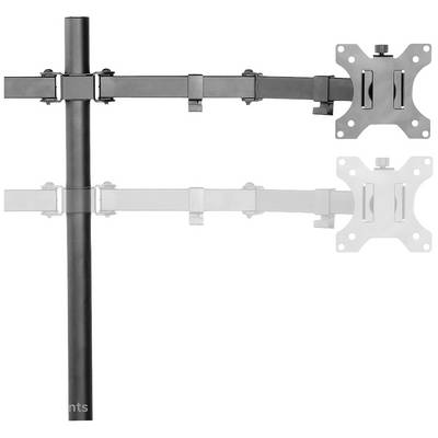 Doppelarm-Monitorhalterung aus Metall, schwarz, mit zwei VESA-Halterungen. Eine Halterung ist hervorgehoben, die andere ausgegraut.