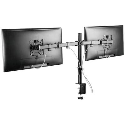 Dual-Monitorhalterung aus Metall, befestigt an einem Tischrand. Beide Monitore sind horizontal ausgerichtet, Kabel sind angeschlossen.