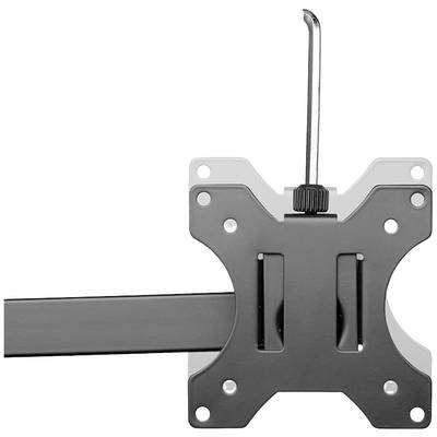 Metallische Halterung mit Arm für Monitor oder TV, erkennbar an VESA-Löchern und einem Befestigungshaken oben. Schwarzes Design.