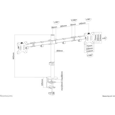 'Zeichnung von einem dualen Monitorarm mit Maßen. Höhe 443mm, Breiteverstellbar, rotierbar um 180°. Details zu Neigung und Anpassungsbereich enthalten.'