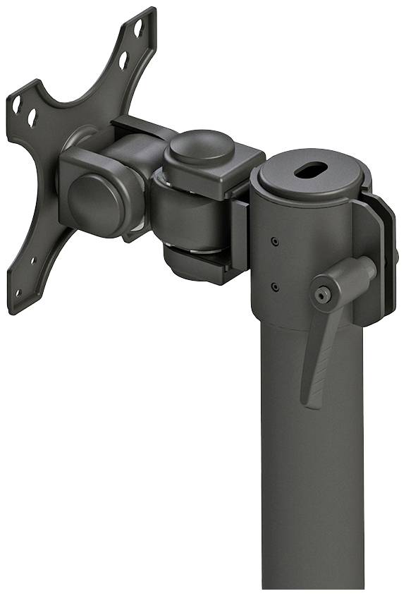 Schwarzer Monitorhalter mit verstellbarem Arm und Befestigungslöchern für die Wandmontage, geeignet für Flachbildschirme.