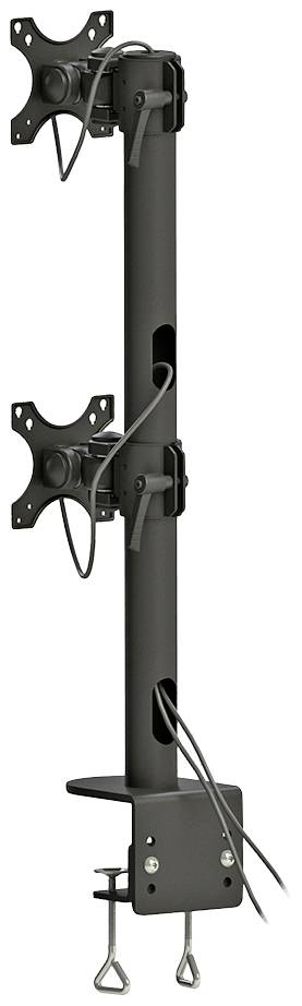 'Schwarze Monitorhalterung mit zwei VESA-Halterungen und Kabelmanagement, zur Befestigung an einem Tisch.'