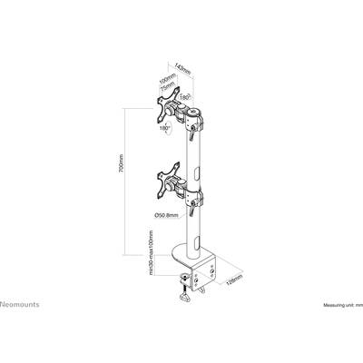 Diagramm eines verstellbaren Monitorarms mit Abmessungen. Höhe 700mm, Breite 143mm. Maximal 2 Monitore, neigbar und schwenkbar.