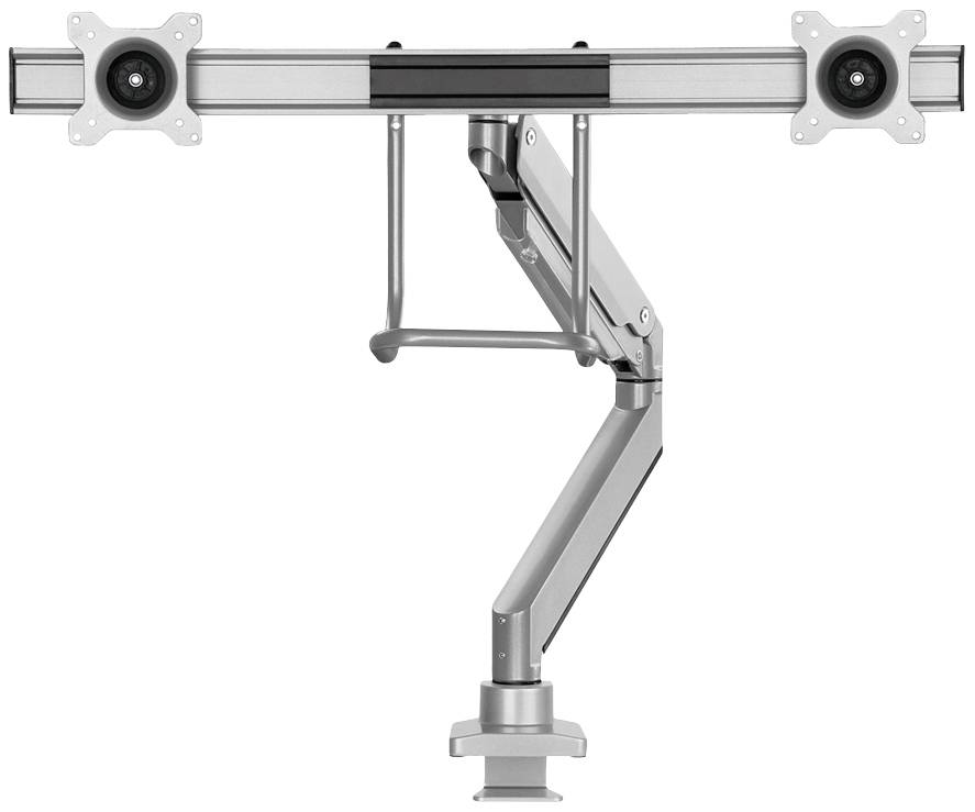 Einzigarmiger Monitorhalter aus Metall mit zwei Montageplatten, die für die gleichzeitige Befestigung von zwei Monitoren vorgesehen sind.