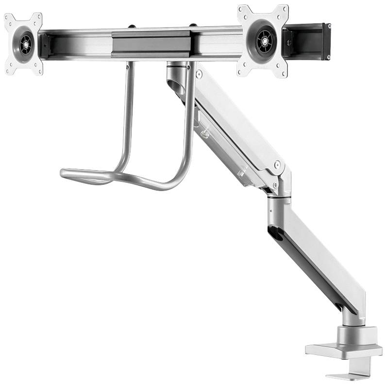 Halterung für zwei Monitore mit verstellbaren Armen und einem stabilen Standfuß zur Befestigung an einem Tisch. Ideal für Arbeitsplatzergonomie.