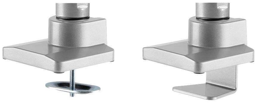 Zwei Metallhalterungen für Tischmontage im Vergleich. Links mit Schraube, rechts mit Tischklemmmechanismus. Beide aus silbernem Metall.