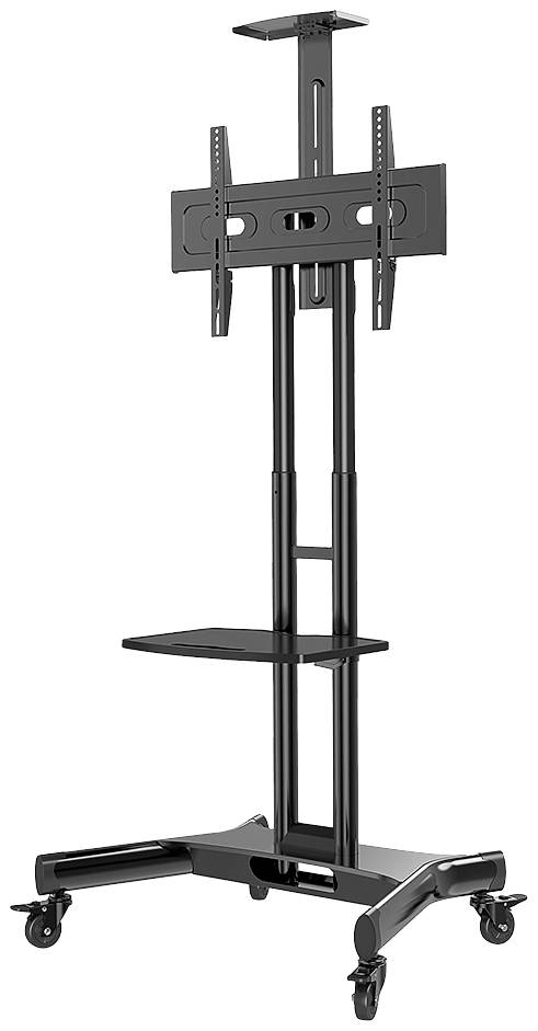 Ein rollbarer TV-Ständer aus Metall mit verstellbaren Halterungen und einer Ablagefläche, geeignet für Flachbildfernseher.