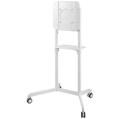 Ein weißer, höhenverstellbarer Rollständer mit zwei Rollen und einem flachen Regal auf halber Höhe, geeignet für Monitore oder Bildschirme.