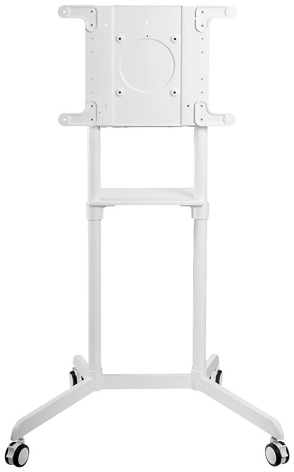 Weißer, rollbarer TV-Standfuß mit rechteckiger Halterung, geeignet für Flachbildschirme.