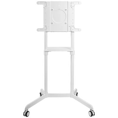 Weißer, rollbarer TV-Standfuß mit rechteckiger Halterung, geeignet für Flachbildschirme.