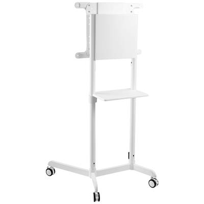 Weißer mobiler TV-Ständer auf Rollen, höhenverstellbar, mit Ablagefläche. Ideal für Präsentationen und flexible Raumgestaltung.