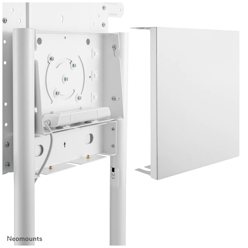 Weiße Abdeckung und Halterung für Monitoranbringung, Wandmontage mit Kabelmanagement-System, Teile nebeneinander dargestellt.
