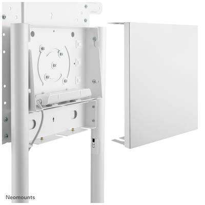 Weiße Abdeckung und Halterung für Monitoranbringung, Wandmontage mit Kabelmanagement-System, Teile nebeneinander dargestellt.